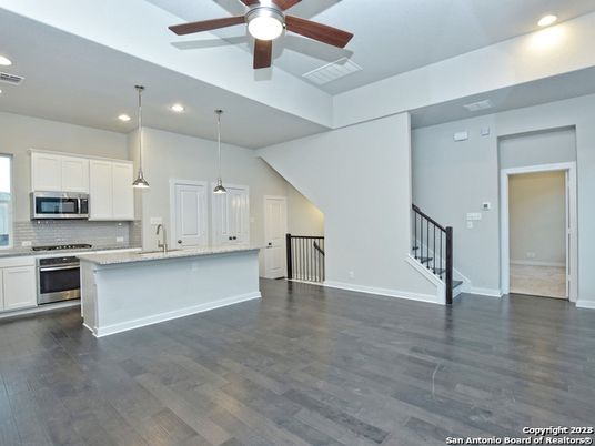 Interior, Kitchen, Pendant Lights, Recessed Lighting, Stainless Steel Appliances, Wood Texture Flooring