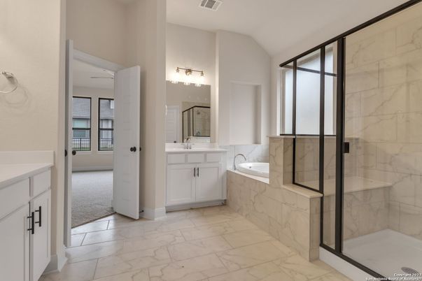 Bathroom, Dual Sink Vanities, Glass Shower, Interior, Marble, Marble Walls