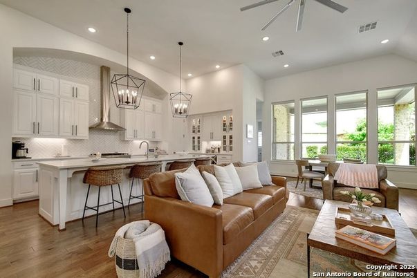 Dining room, Interior, Kitchen, Living room, Pendant Lights, Recessed Lighting, Wood Texture Flooring