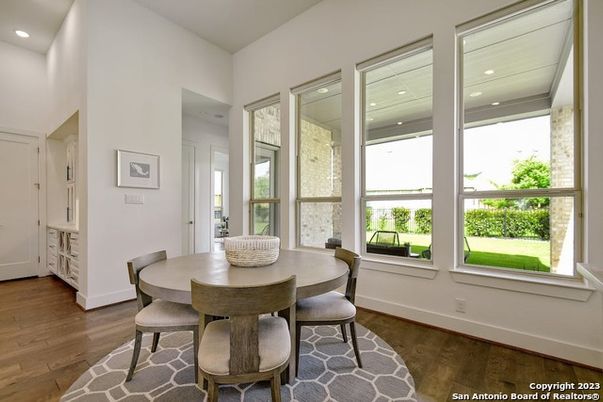 Dining room, Interior, Recessed Lighting, Wood Texture Flooring
