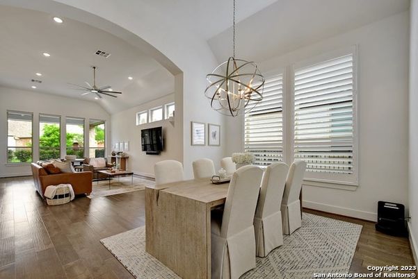 Chandelier, Dining room, Interior, Living room, Pendant Lights, Recessed Lighting, Wood Texture Flooring