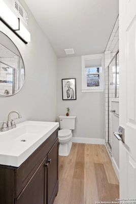 Bathroom, Glass Shower, Interior, Wood Texture Flooring