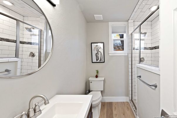 Bathroom, Glass Shower, Interior, Wood Texture Flooring