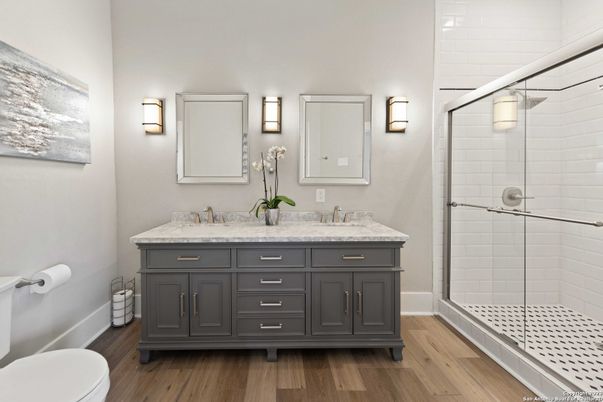 Bathroom, Dual Sink Vanities, Glass Shower, Interior, Wood Texture Flooring