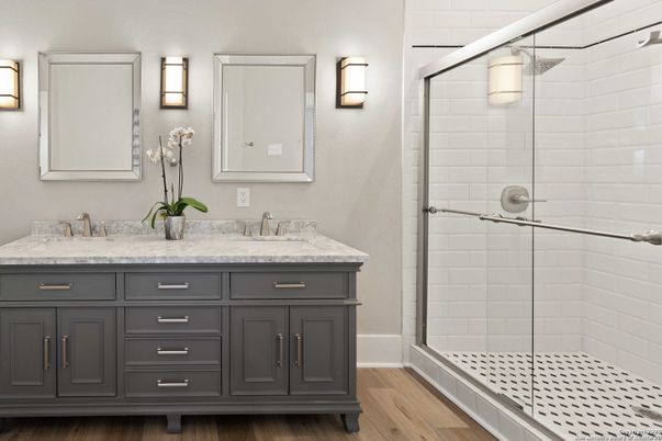 Bathroom, Dual Sink Vanities, Glass Shower, Interior, Wood Texture Flooring