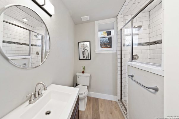 Bathroom, Glass Shower, Interior, Recessed Lighting, Wood Texture Flooring