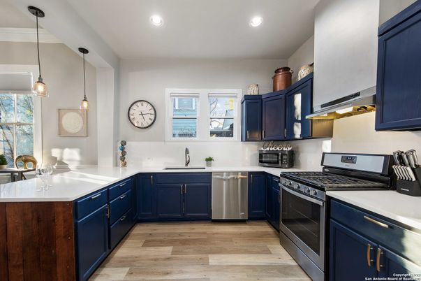 Interior, Kitchen, Pendant Lights, Recessed Lighting, Stainless Steel Appliances, Wood Texture Flooring