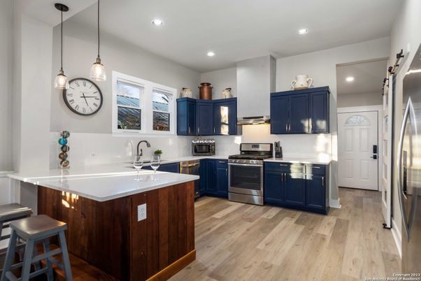 Interior, Kitchen, Pendant Lights, Recessed Lighting, Stainless Steel Appliances, Wood Texture Flooring