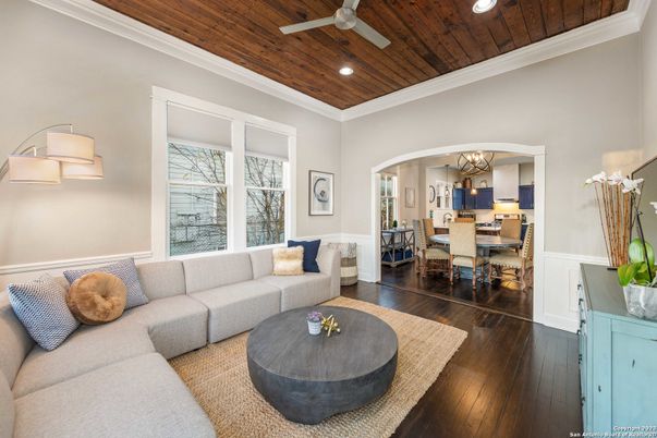 Chandelier, Dining room, Interior, Living room, Recessed Lighting, Wooden Ceilings, Wood Texture Flooring