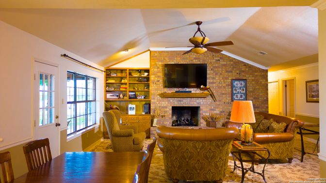Dining room, Fireplace, Interior, Living room, Stone Walls