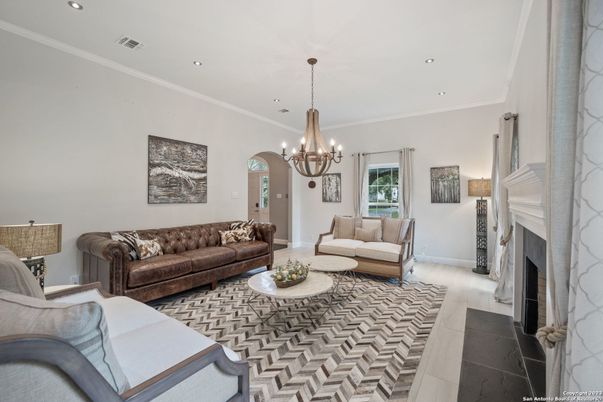 Chandelier, Fireplace, Interior, Living room, Recessed Lighting