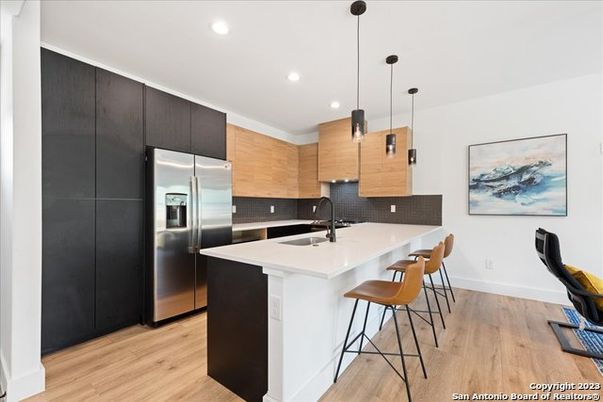 Interior, Kitchen, Pendant Lights, Recessed Lighting, Stainless Steel Appliances, Wood Texture Flooring