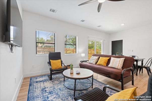 Dining room, Interior, Living room, Recessed Lighting, Wood Texture Flooring