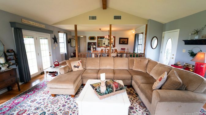 Dining room, Interior, Living room, Pendant Lights, Wooden Beams, Wood Texture Flooring