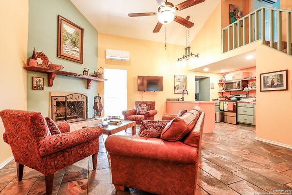Fireplace, Interior, Kitchen, Living room, Recessed Lighting, Wood Texture Flooring