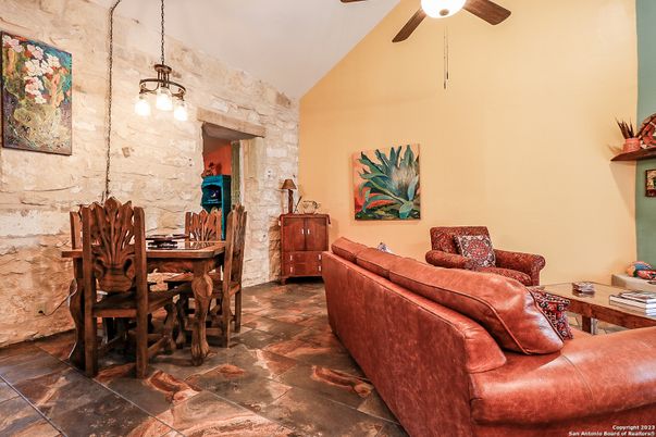 Dining room, Interior, Living room, Pendant Lights, Stone Walls