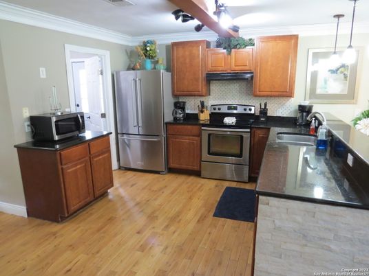 Interior, Kitchen, Pendant Lights, Stainless Steel Appliances, Wood Texture Flooring