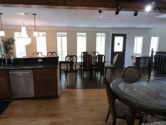 Dining room, Interior, Kitchen, Pendant Lights, Wooden Beams, Wood Texture Flooring