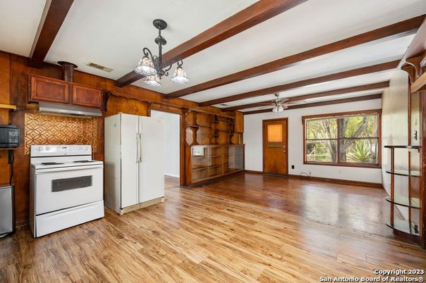 Chandelier, Empty room, Interior, Kitchen, Wooden Beams, Wood Texture Flooring