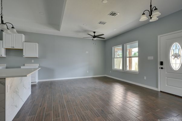 Empty room, Interior, Pendant Lights, Recessed Lighting, Wood Texture Flooring