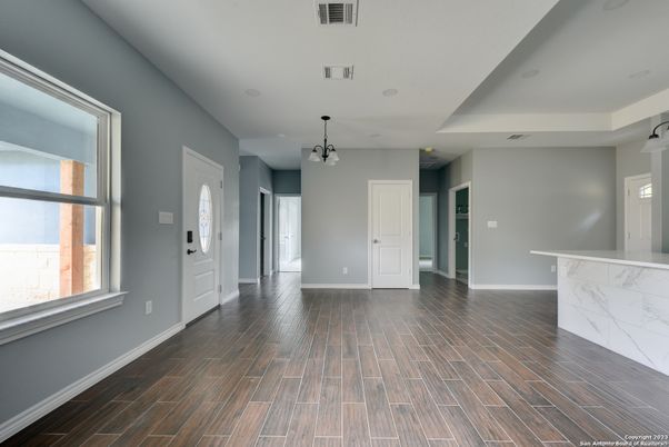Empty room, Interior, Pendant Lights, Recessed Lighting, Wood Texture Flooring