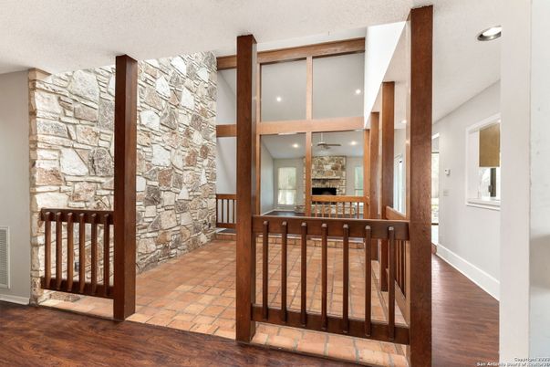 Interior, Recessed Lighting, Stone Walls, Wooden Beams, Wood Texture Flooring