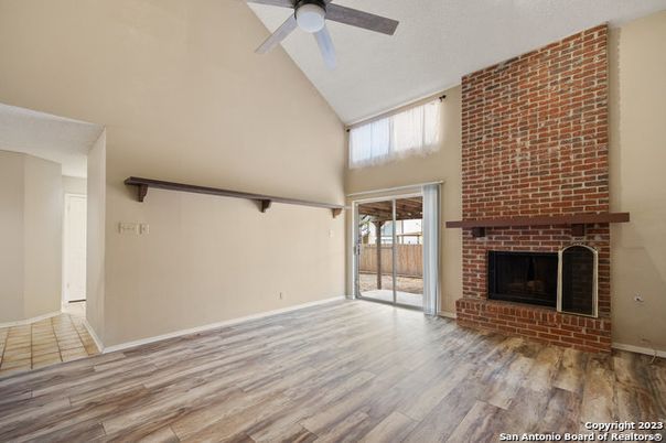 Empty room, Fireplace, Interior, Stone Walls, Wood Texture Flooring