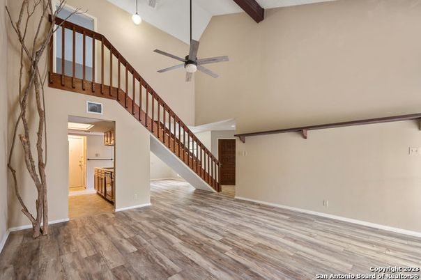 Empty room, Interior, Pendant Lights, Wooden Beams, Wood Texture Flooring