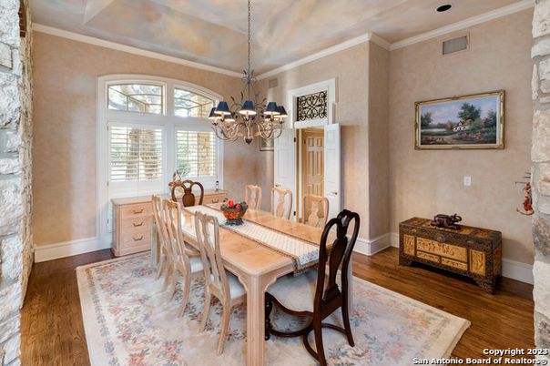 Chandelier, Dining room, Interior, Wood Texture Flooring