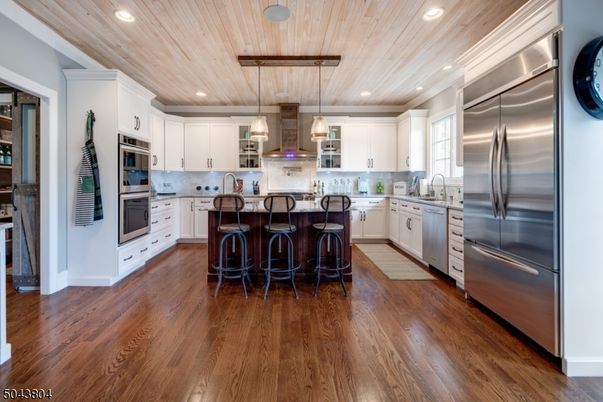 Interior, Kitchen, Pendant Lights, Recessed Lighting, Stainless Steel Appliances, Wooden Ceilings, Wood Texture Flooring