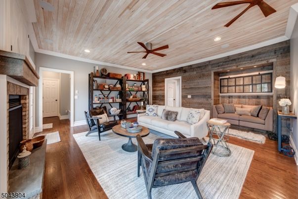 Fireplace, Interior, Living room, Recessed Lighting, Stone Walls, Wooden Ceilings, Wood Texture Flooring, Wooden Walls