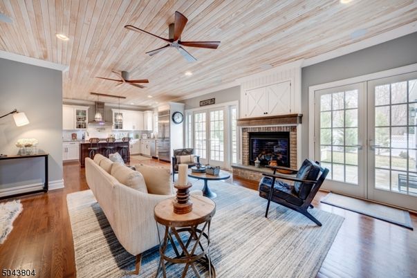 Fireplace, Interior, Kitchen, Living room, Pendant Lights, Recessed Lighting, Wooden Ceilings, Wood Texture Flooring