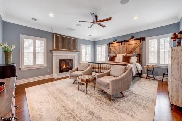 Bedroom, Fireplace, Interior, Recessed Lighting, Wood Texture Flooring