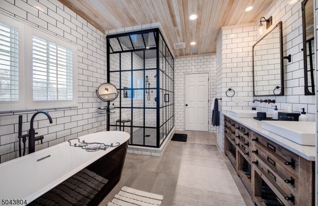 Bathroom, Dual Sink Vanities, Free Standing Baths, Interior, Recessed Lighting, Wooden Ceilings