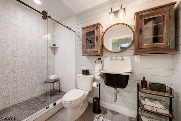 Bathroom, Glass Shower, Interior, Recessed Lighting, Wood Texture Flooring