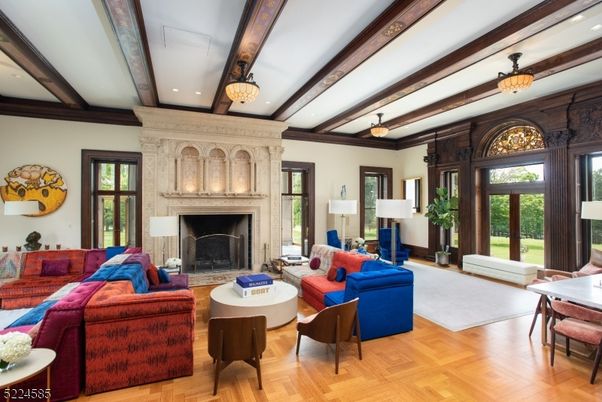 Chandelier, Fireplace, Interior, Living room, Recessed Lighting, Wooden Beams, Wood Texture Flooring