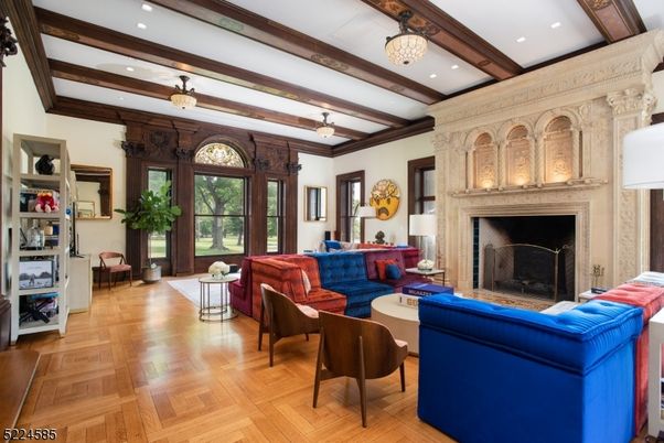 Chandelier, Fireplace, Interior, Living room, Recessed Lighting, Wooden Beams, Wood Texture Flooring