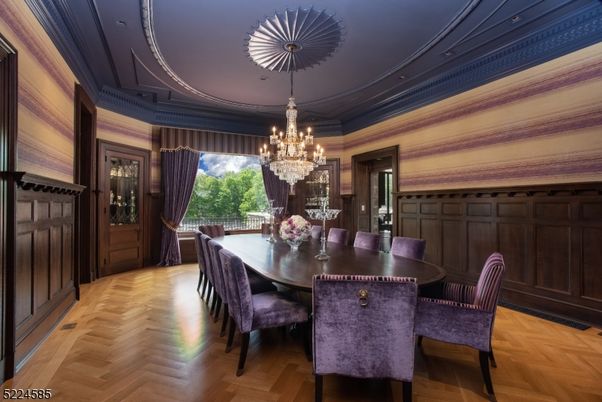 Chandelier, Dining room, Interior, Wood Texture Flooring
