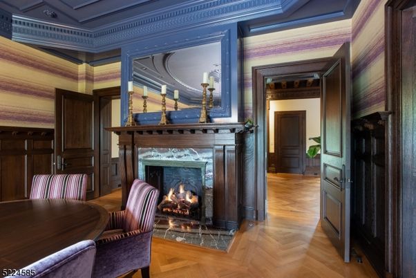 Dining room, Fireplace, Interior, Wood Texture Flooring