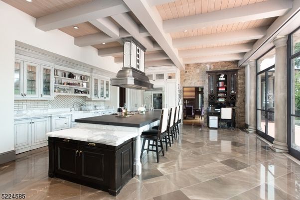 Fireplace, Interior, Kitchen, Recessed Lighting, Stainless Steel Appliances, Stone Walls, Wooden Beams, Wooden Ceilings