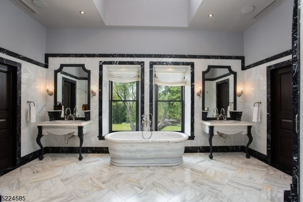 Bathroom, Dual Sink Vanities, Free Standing Baths, Interior, Marble, Recessed Lighting