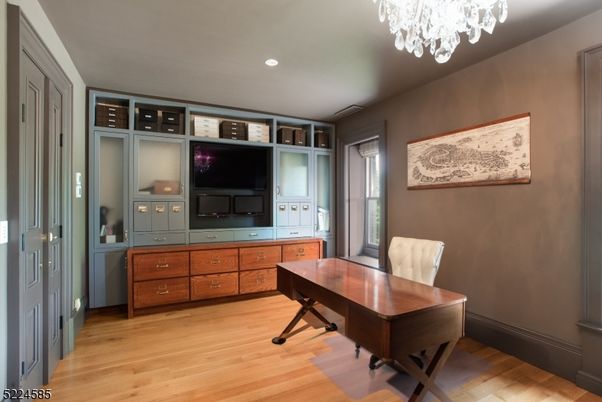 Chandelier, Home Office, Interior, Recessed Lighting, Wood Texture Flooring
