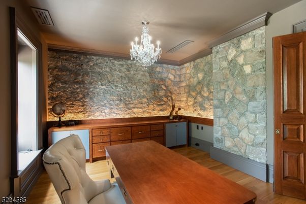 Chandelier, Interior, Stone Walls, Wood Texture Flooring