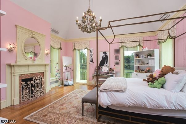Bedroom, Chandelier, Fireplace, Interior, Wood Texture Flooring