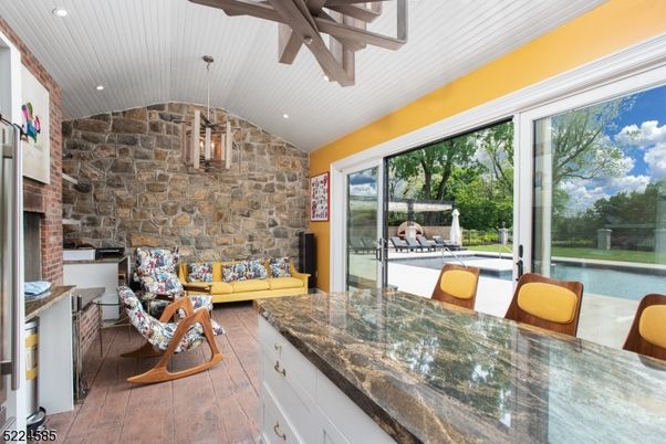 Dining room, Interior, Recessed Lighting, Stone Walls, Wooden Beams