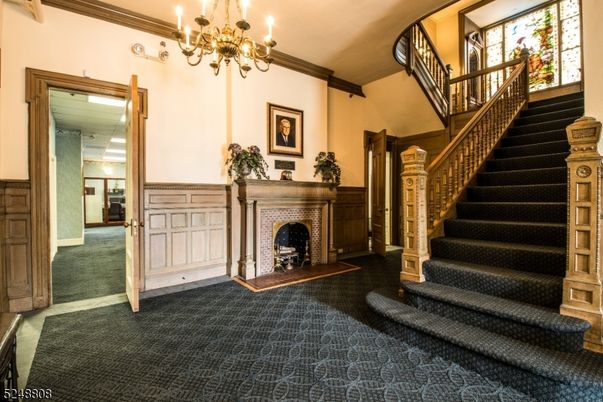 Chandelier, Fireplace, Interior
