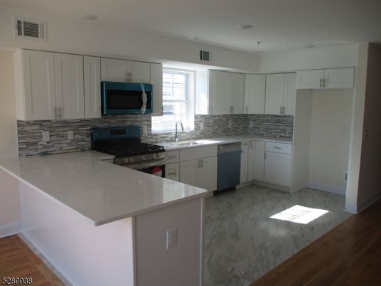 Interior, Kitchen, Marble, Recessed Lighting, Wood Texture Flooring