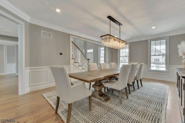 Chandelier, Dining room, Interior, Recessed Lighting, Wood Texture Flooring