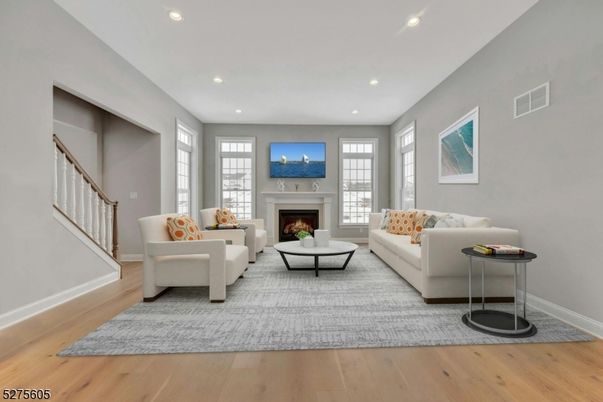 Fireplace, Interior, Living room, Recessed Lighting, Wood Texture Flooring