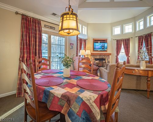 Dining room, Fireplace, Interior, Pendant Lights